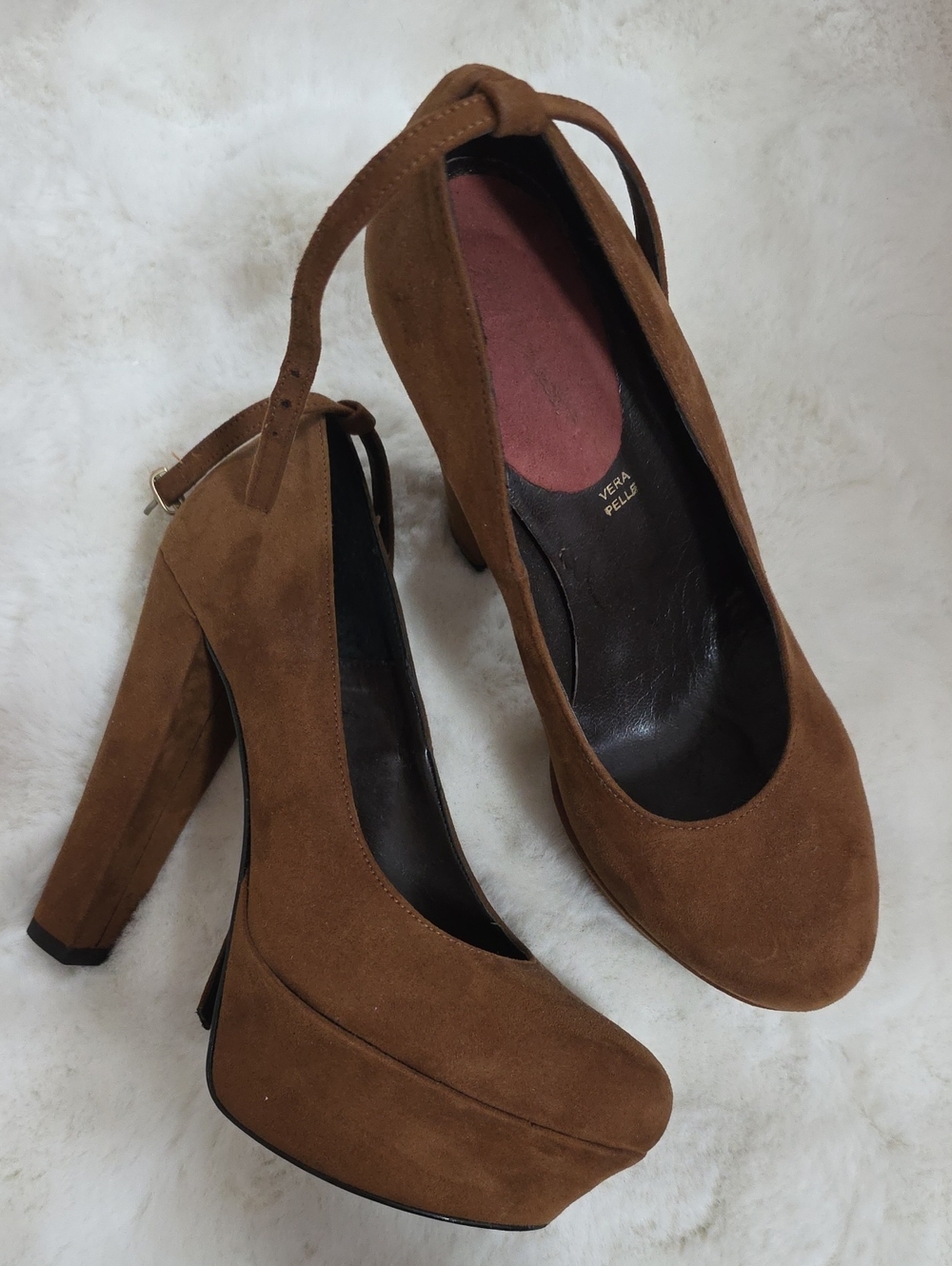 Platform Suede Ankle-Strap Pumps in Brown, Block Heel